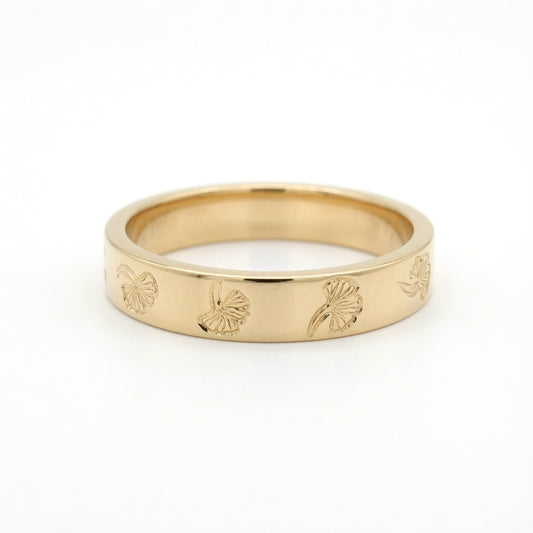 14K Yellow Gold 4mm Wide Flat Band with Engraved Ginkgo Leaf