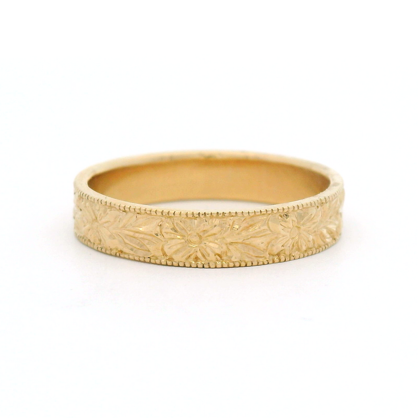 14K Yellow Gold 4.5mm Wide Engraved Floral Flat Band