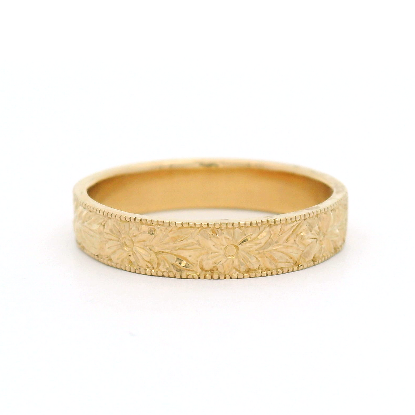 14K Yellow Gold 4.5mm Wide Engraved Floral Flat Band
