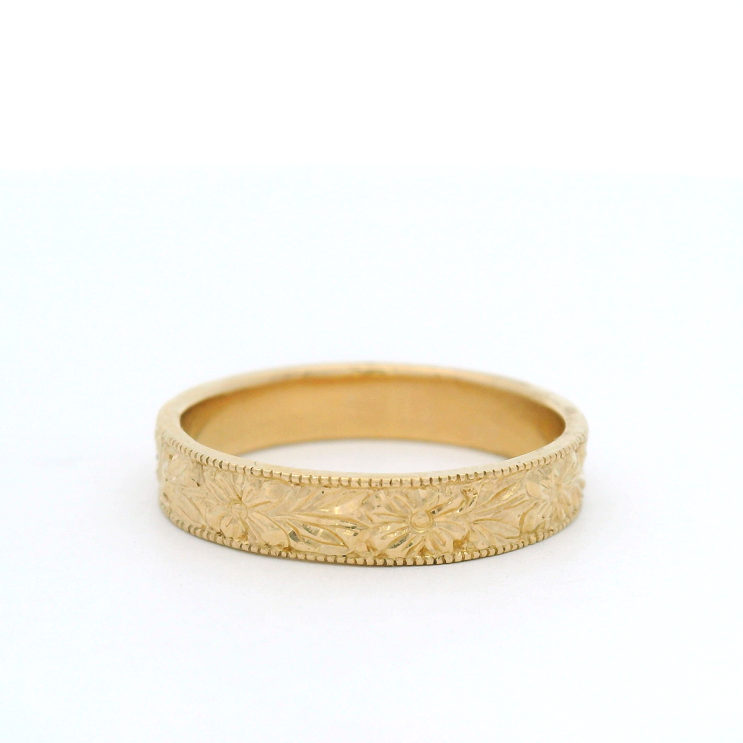 14K Yellow Gold 4.5mm Wide Engraved Floral Flat Band
