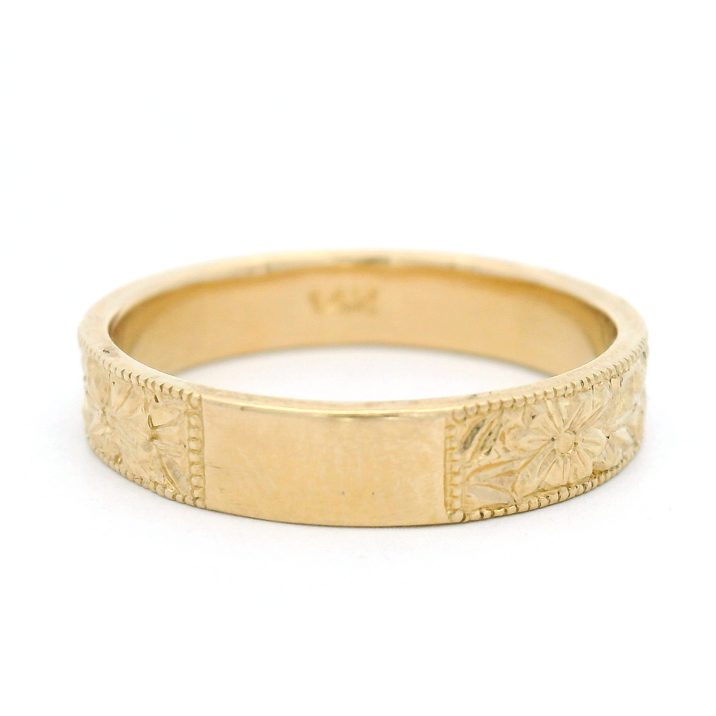 14K Yellow Gold 4.5mm Wide Engraved Floral Flat Band