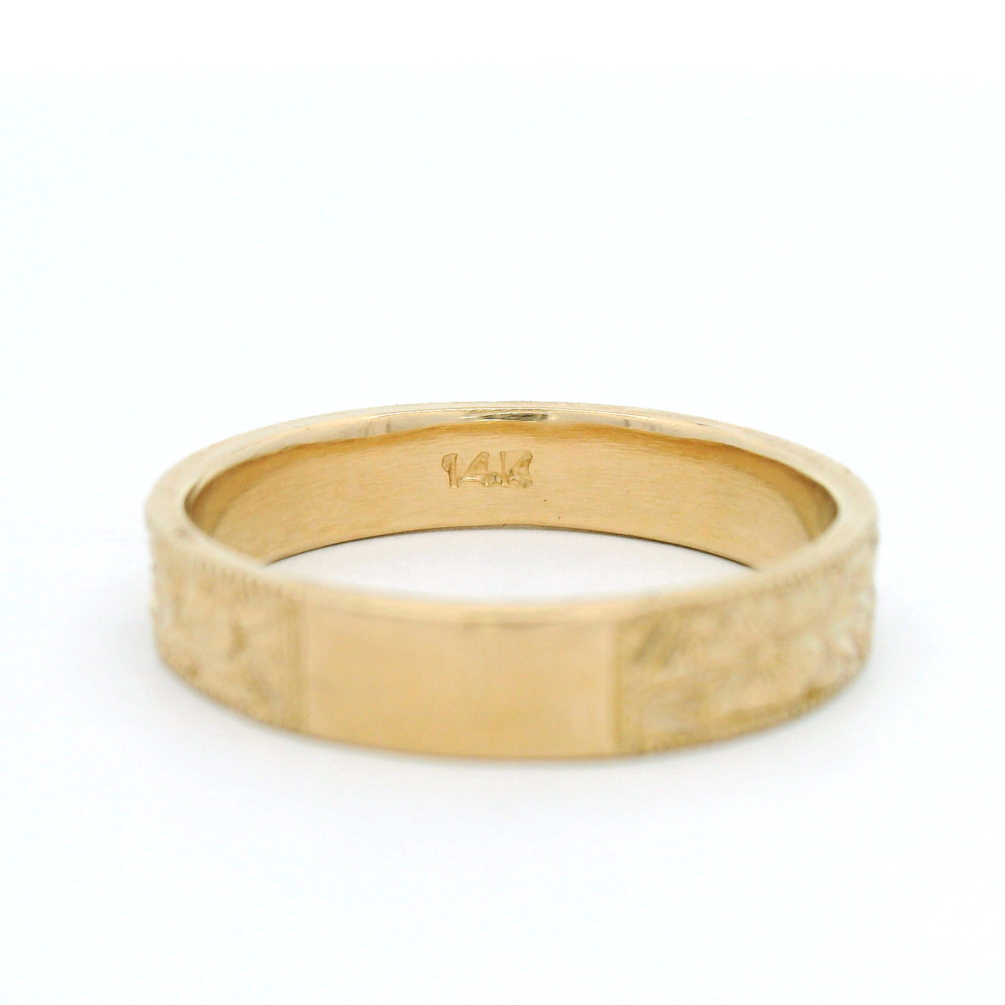 14K Yellow Gold 4.5mm Wide Engraved Floral Flat Band