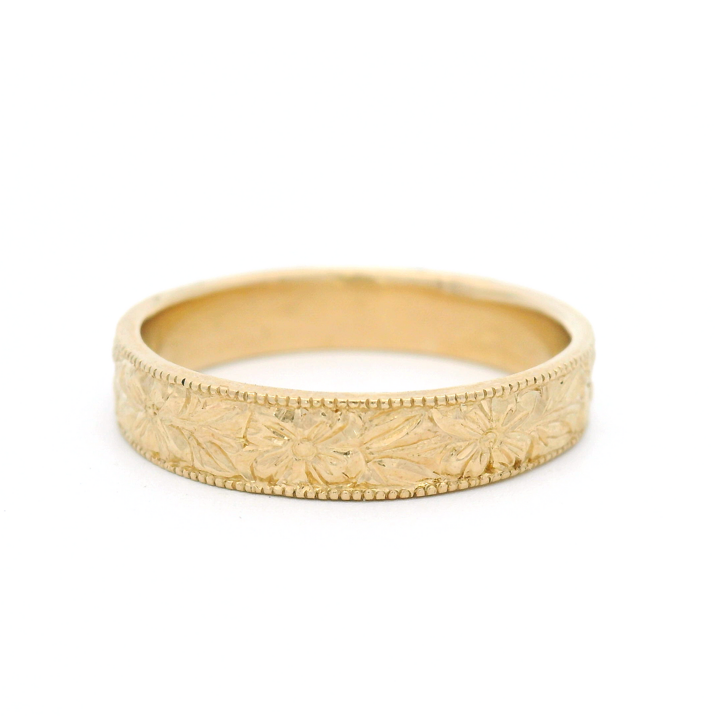 14K Yellow Gold 4.5mm Wide Engraved Floral Flat Band