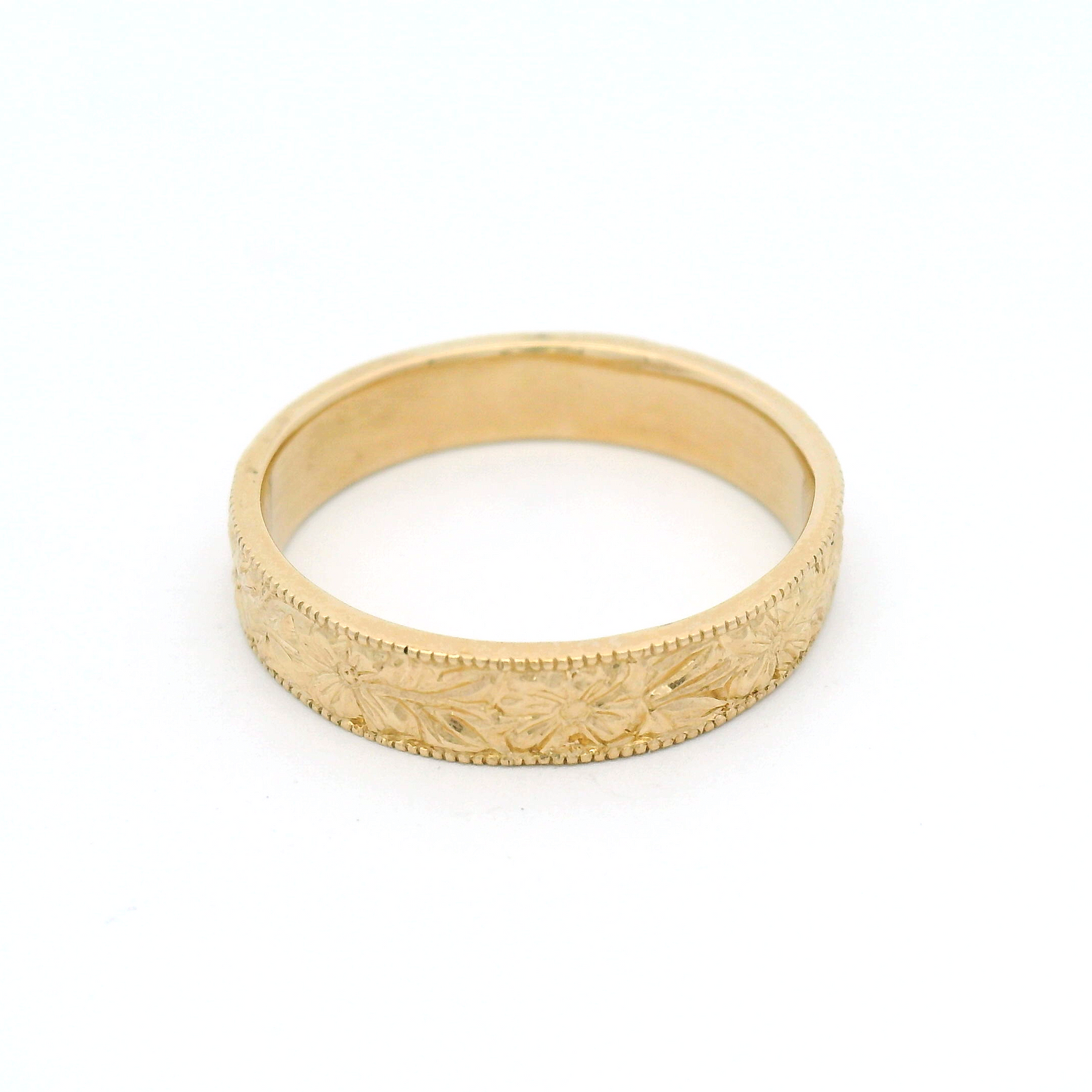 14K Yellow Gold 4.5mm Wide Engraved Floral Flat Band