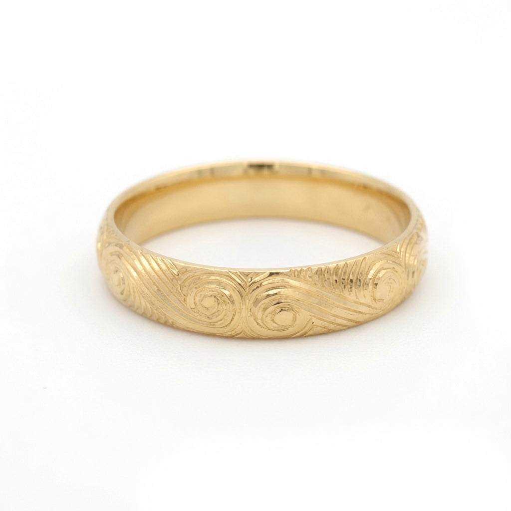 10K Yellow Gold 4mm Wide Soft Domed Band with Ocean Wave Design