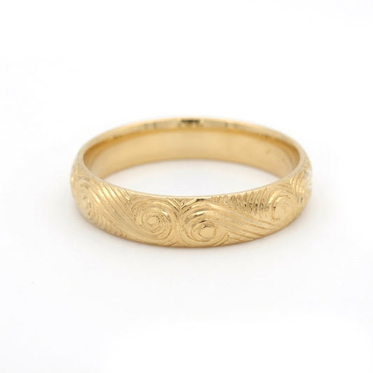 10K Yellow Gold 4mm Wide Soft Domed Band with Ocean Wave Design