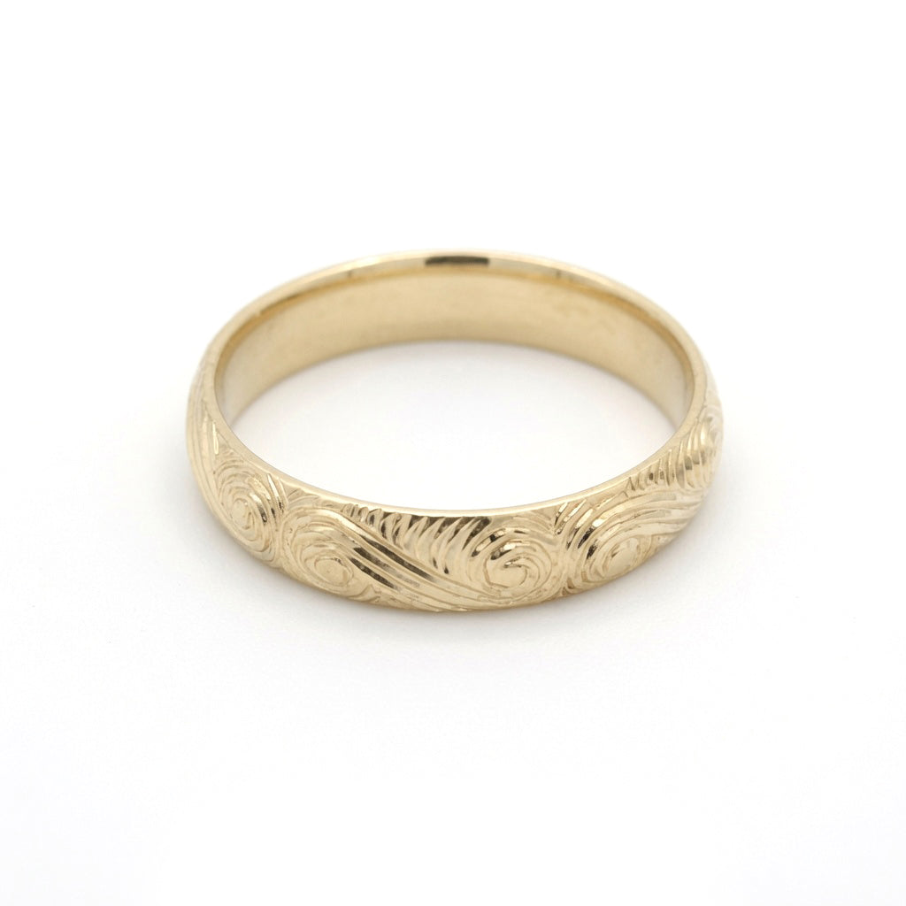 10K Yellow Gold 4mm Wide Soft Domed Band with Ocean Wave Design