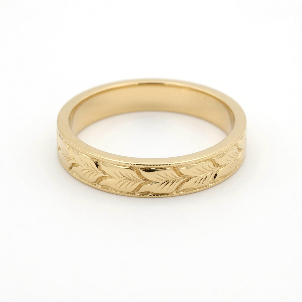 14K Yellow Gold 4mm Wide Aspen Leaf Engraved Flat Band