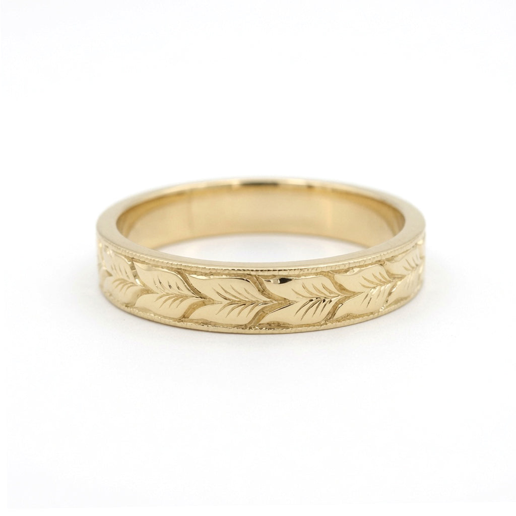 14K Yellow Gold 4mm Wide Aspen Leaf Engraved Flat Band
