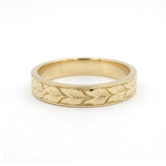 14K Yellow Gold 4mm Wide Aspen Leaf Engraved Flat Band