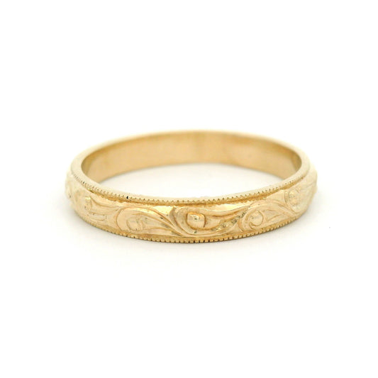 10k Yellow 3mm Wide Hand-Engraved Scroll Band