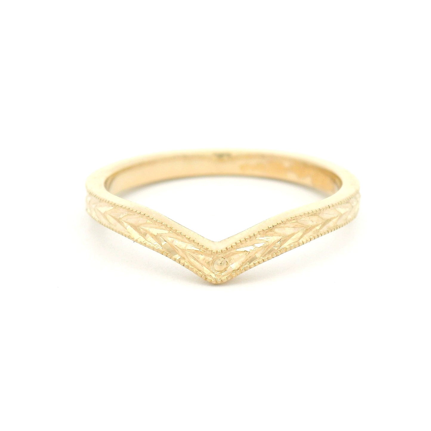 10K yellow gold 2mm contoured diadem band with hand-engraved wheat pattern and curved silhouette.