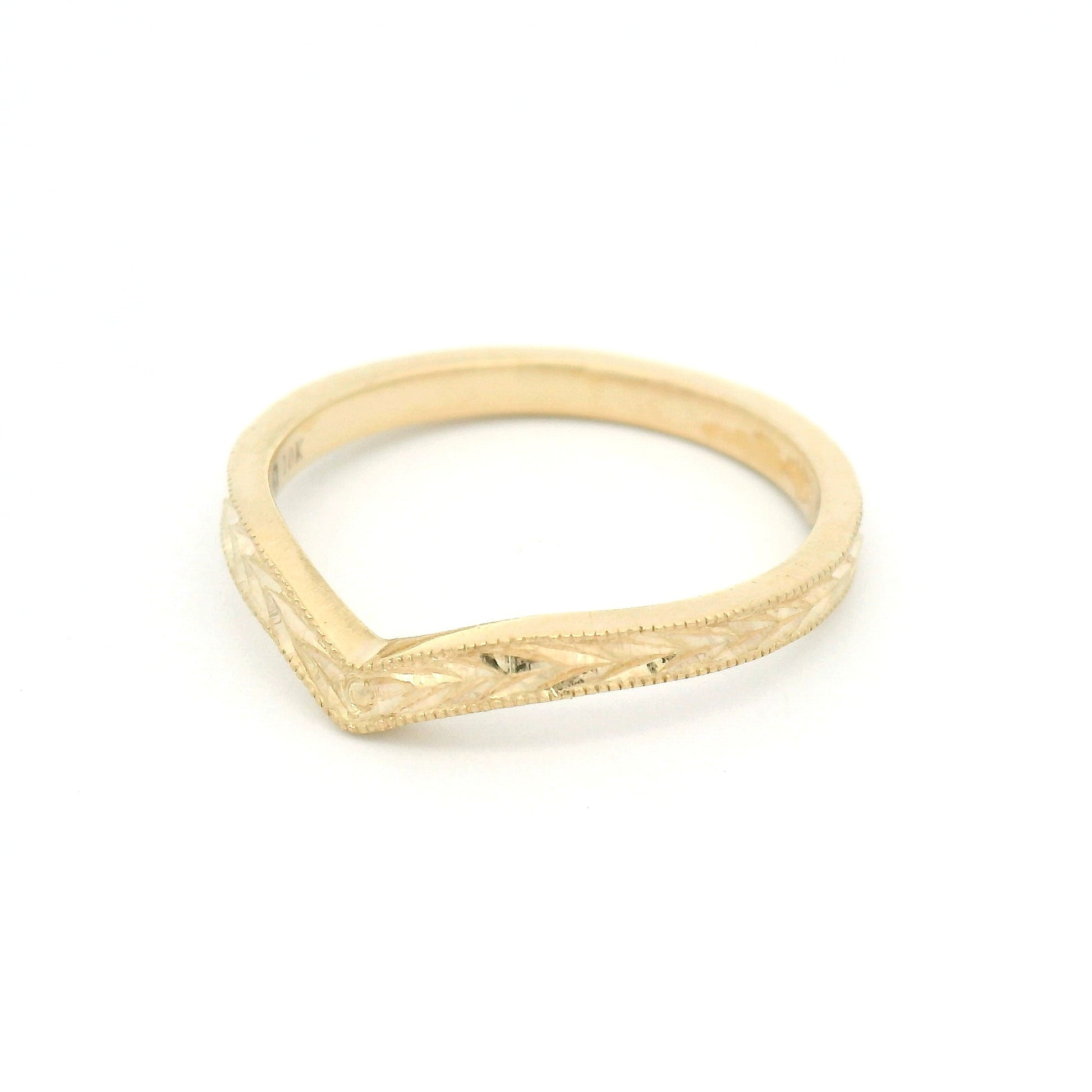 10K yellow gold 2mm contoured diadem band with hand-engraved wheat pattern and curved silhouette.