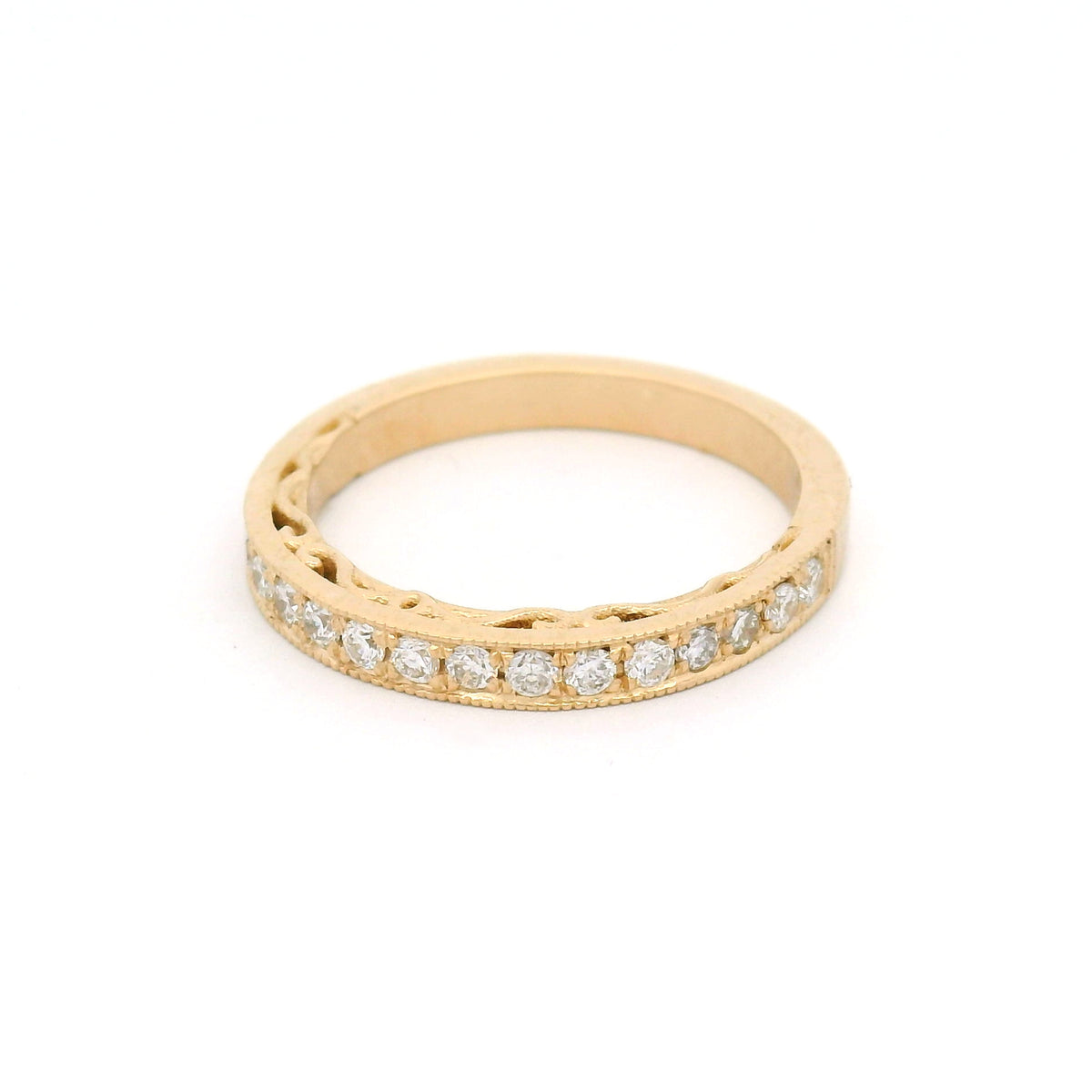 14K yellow gold half eternity wedding and anniversary band featuring 18 bead-set lab-grown round brilliant-cut diamonds totalling 0.33cts, milgrain edges and decorative scrollwork on the sides.