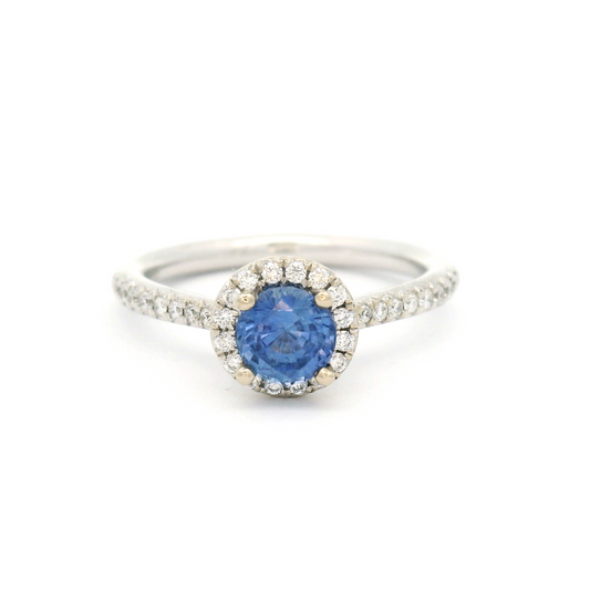 14k White Blue Sapphire & Diamond Halo Engagement Ring