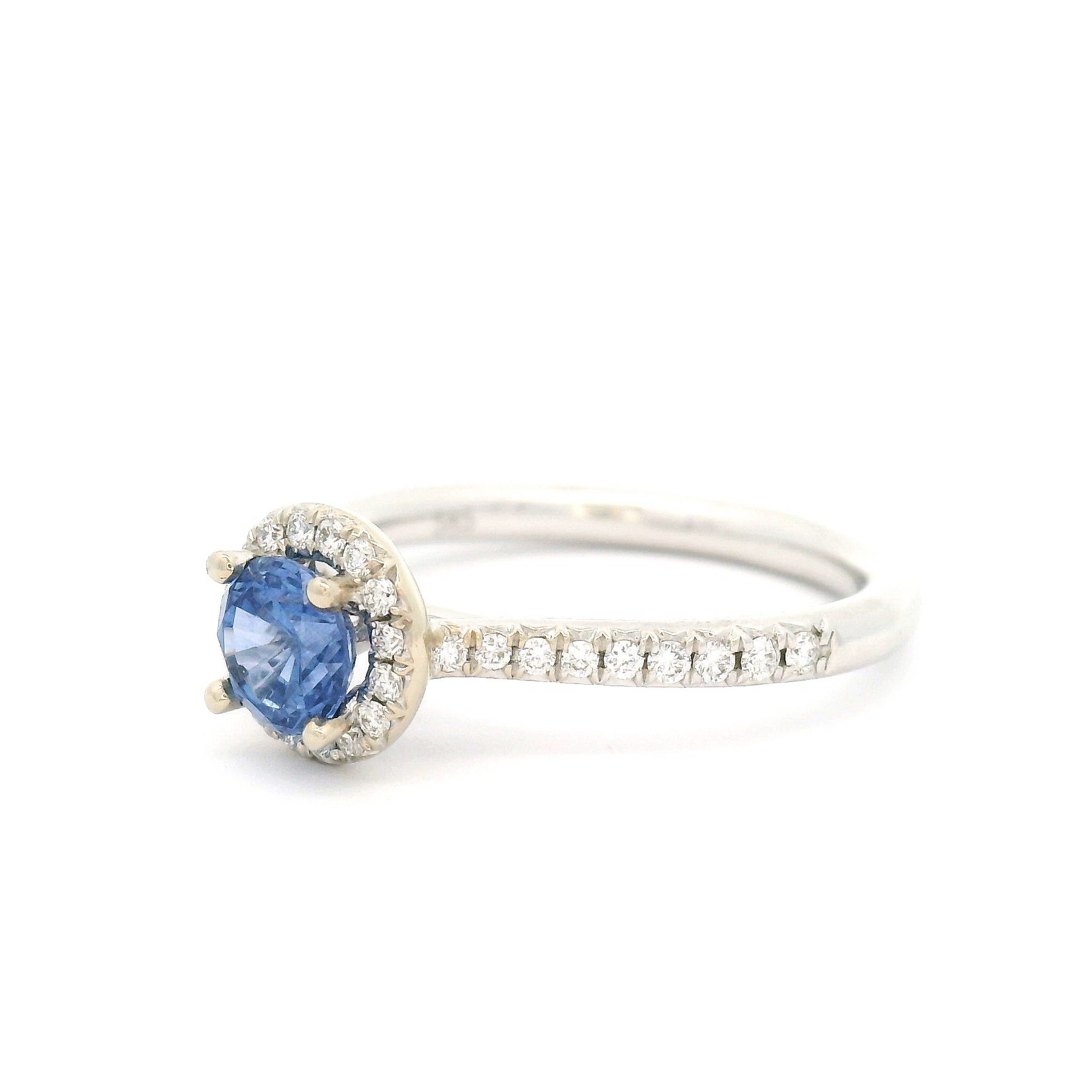 14k White Blue Sapphire & Diamond Halo Engagement Ring