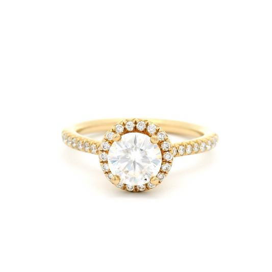 14k Yellow 6mm Round Moissanite Ring with Diamond Accent Halo and Shank 
