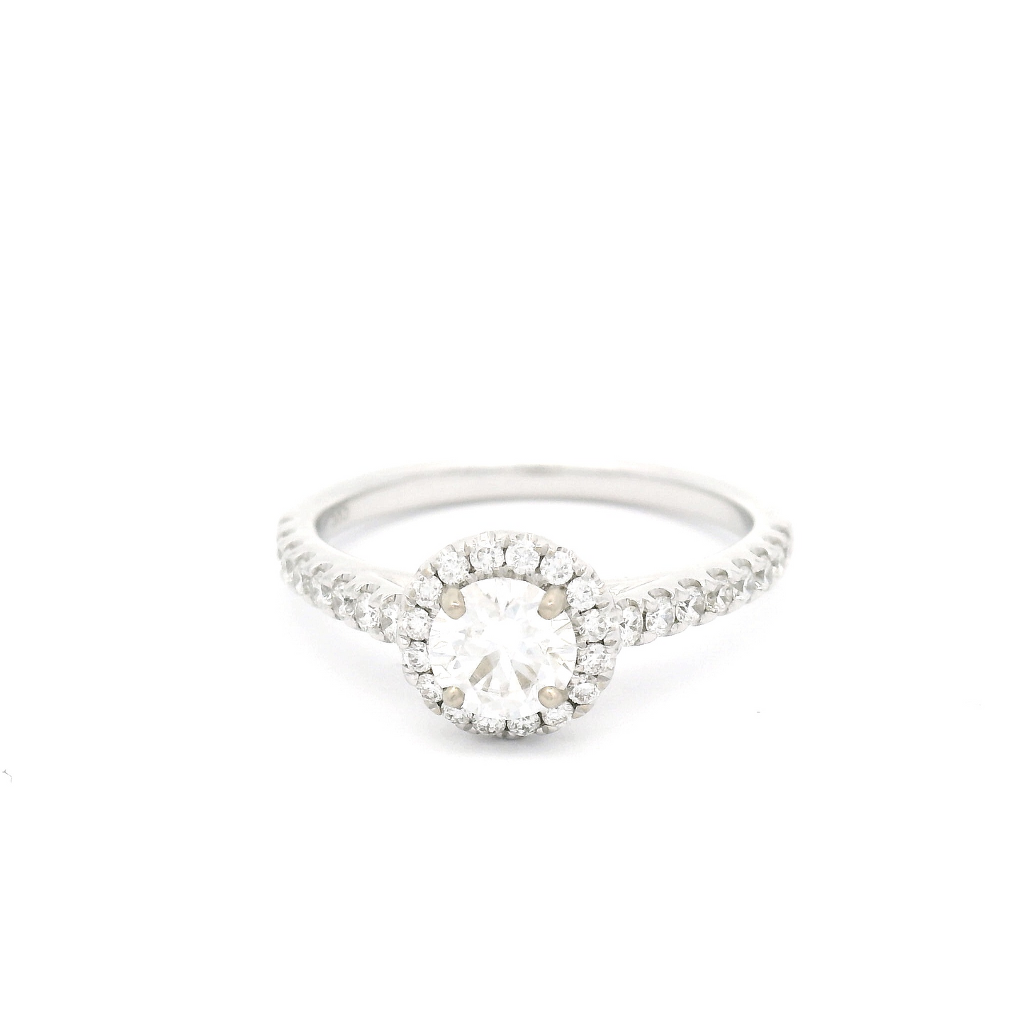 14k White 5mm Round Moissanite Ring with Diamond Set Halo and Shank