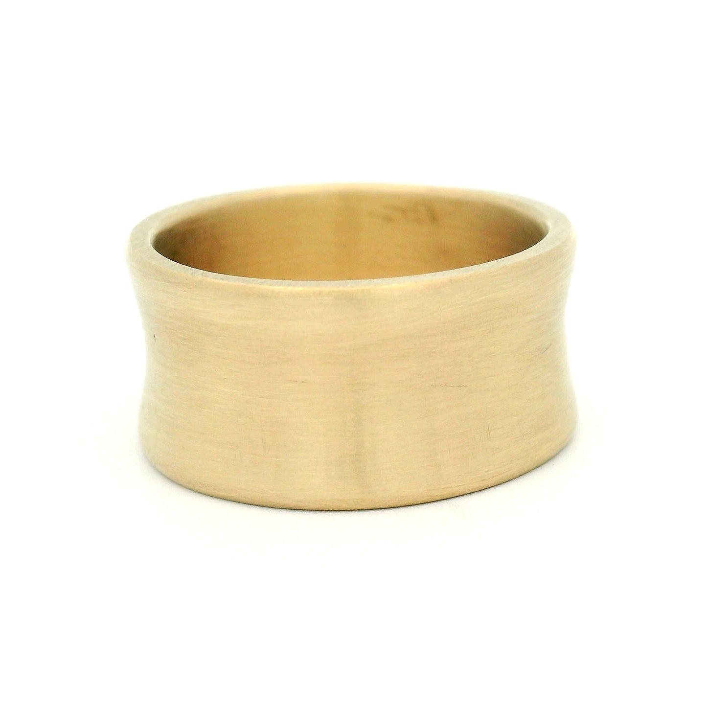 10K yellow gold 10mm wedding band with concave profile and soft satin finish, handcrafted with a modern minimalist design.