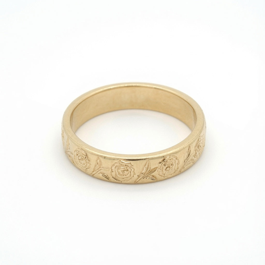 10K Yellow Gold Hand-Engraved Peony Wedding Band, 4mm Soft Domed Profile