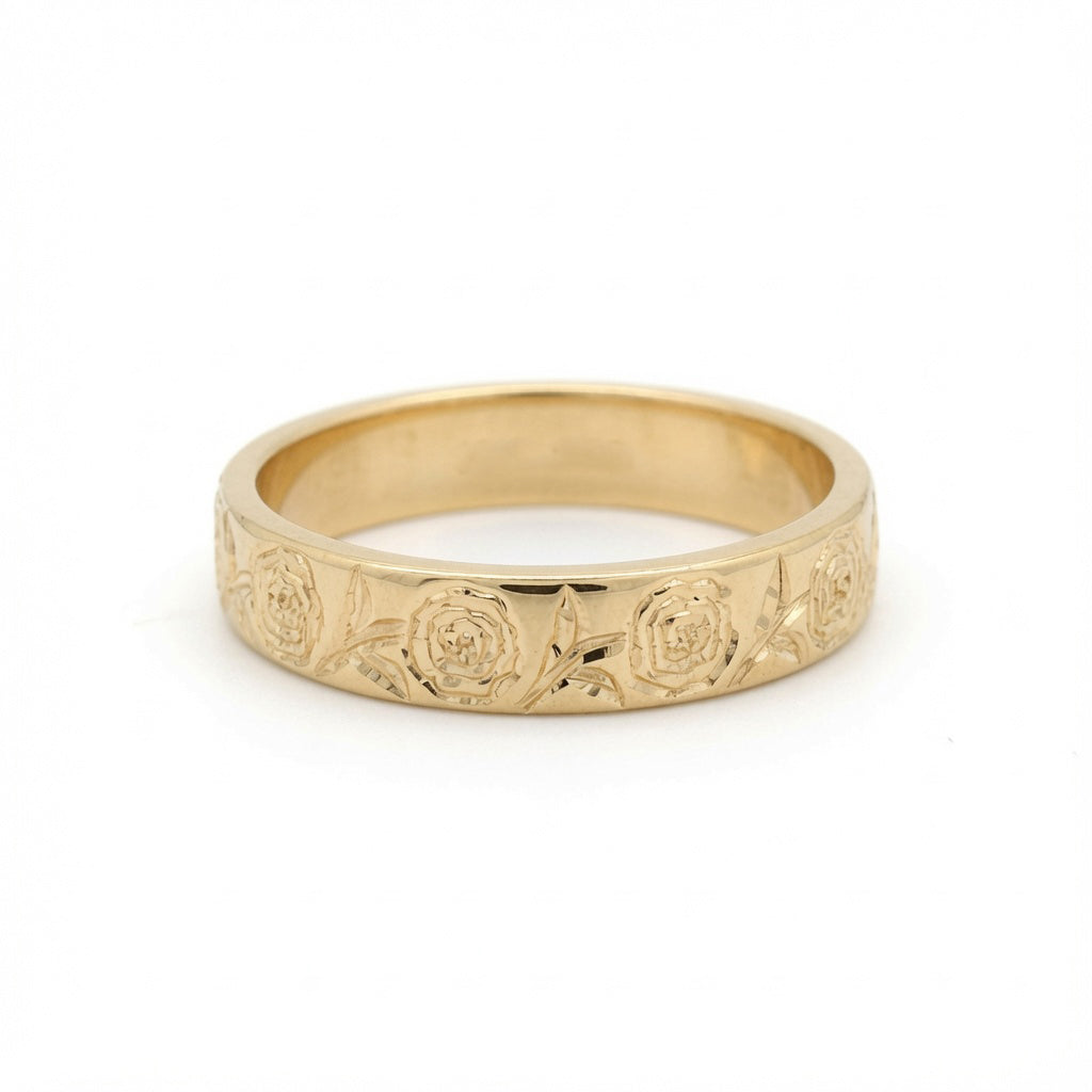 10K Yellow Gold Hand-Engraved Peony Wedding Band, 4mm Soft Domed Profile