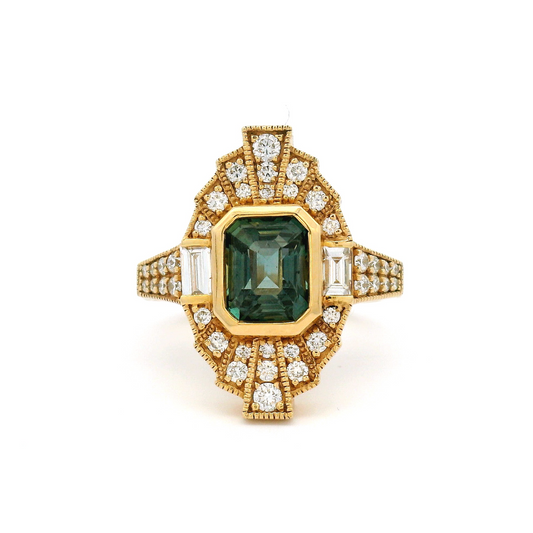 14k Yellow 1.60ct Green Sapphire Shield Ring with Accent Diamonds