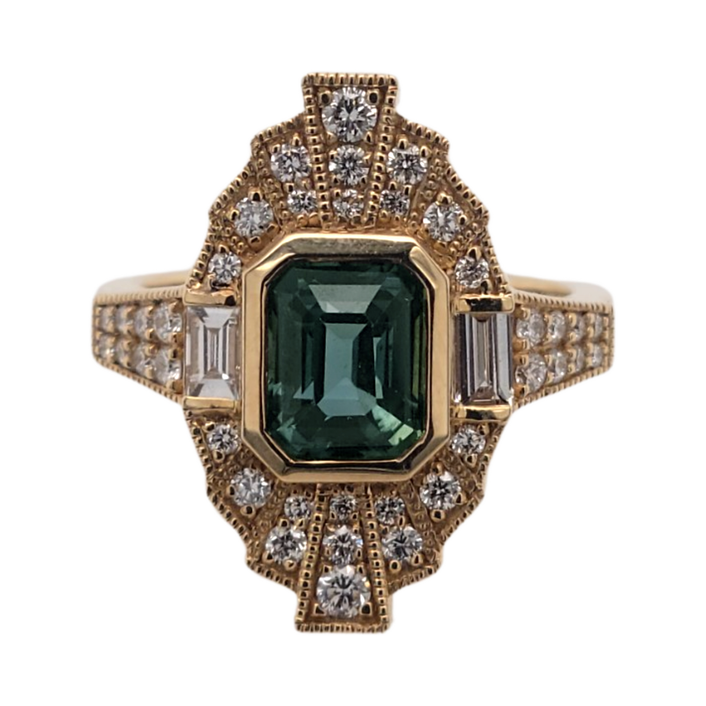 14k Yellow 1.60ct Green Sapphire Shield Ring with Accent Diamonds