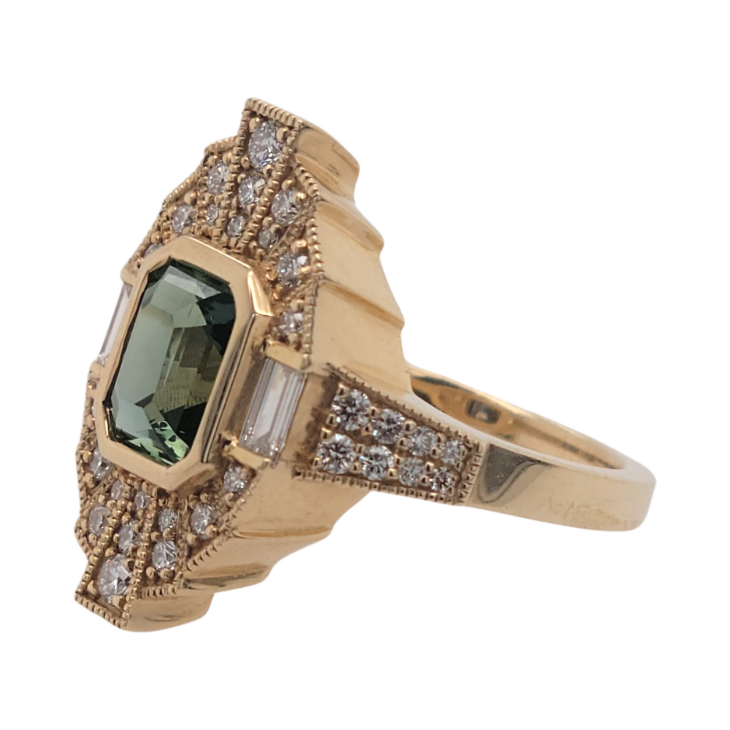 14k Yellow 1.60ct Green Sapphire Shield Ring with Accent Diamonds