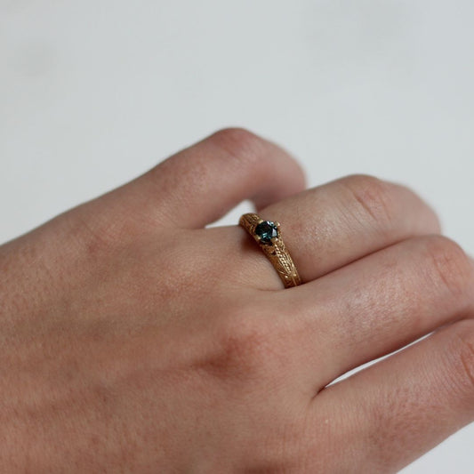 Hand-Engraved Teal Sapphire Engagement Ring