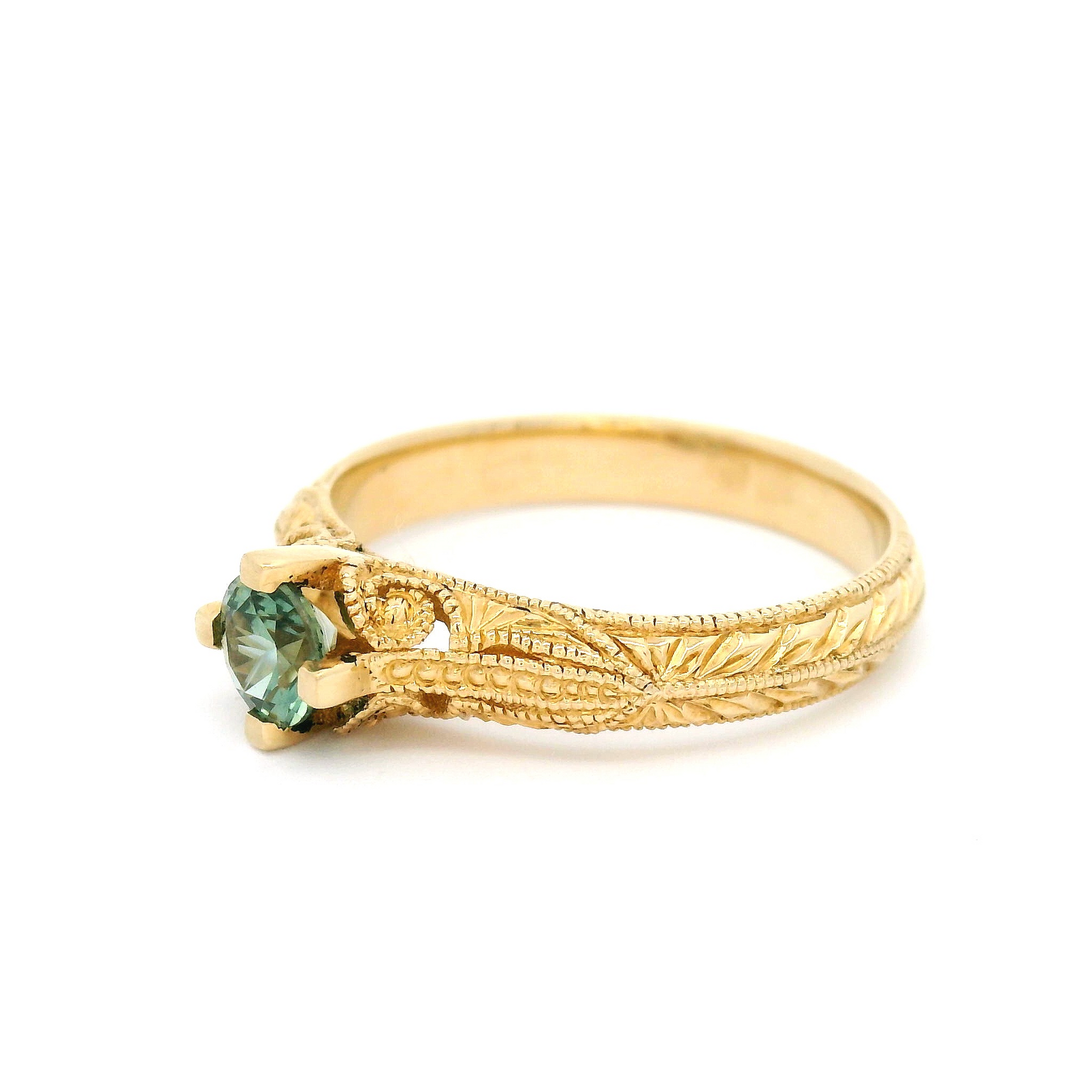 14k Yellow Engraved Teal Sapphire Ring