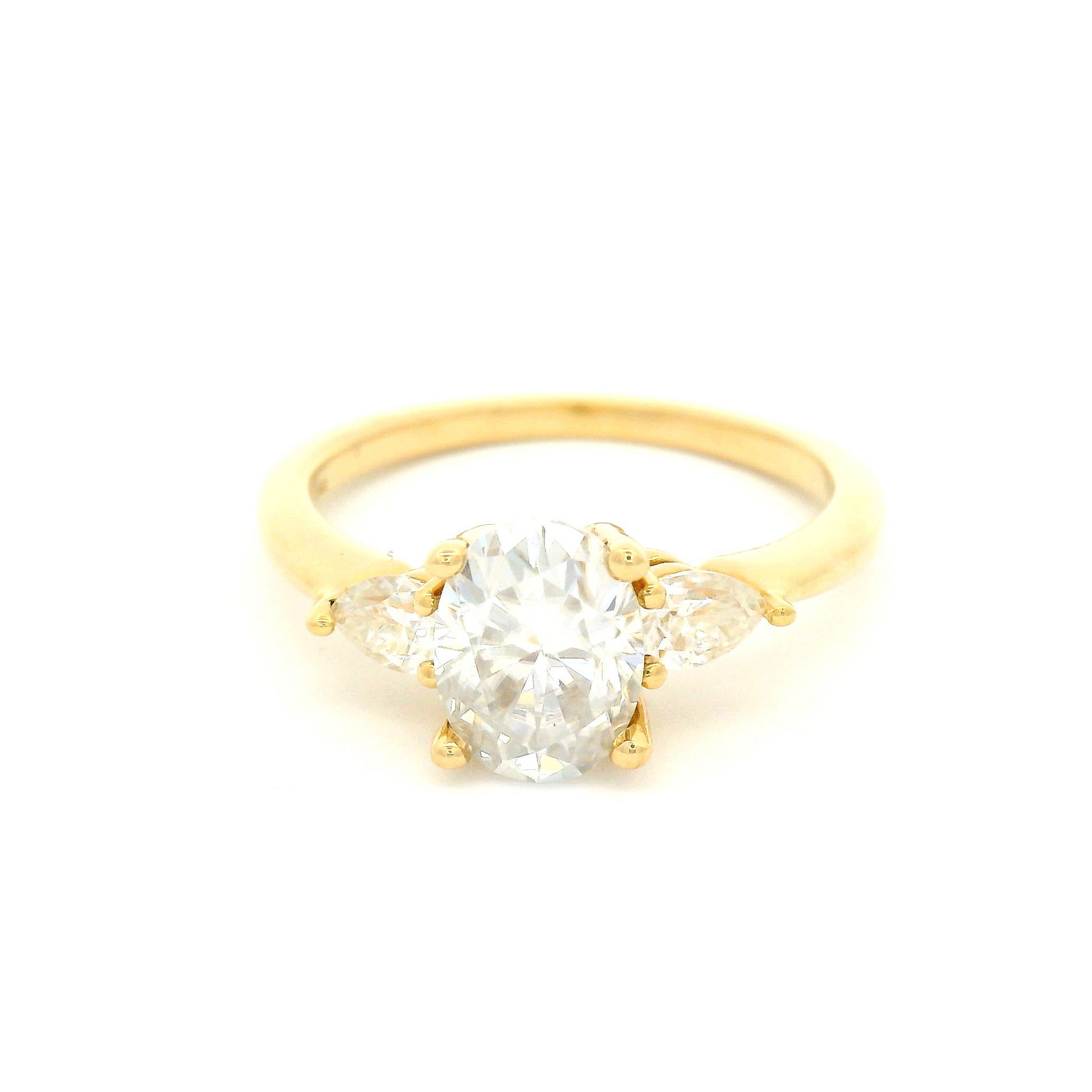14k Yellow Oval Moissanite Three Stone Engagement Ring