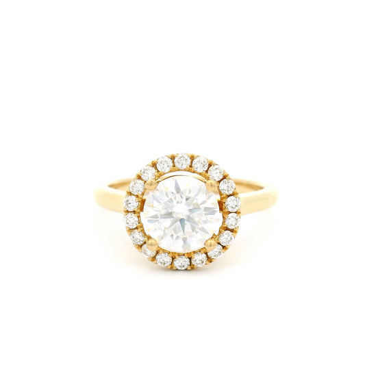 14k Yellow 7mm Round Moissanite Ring with Accent Diamond Halo