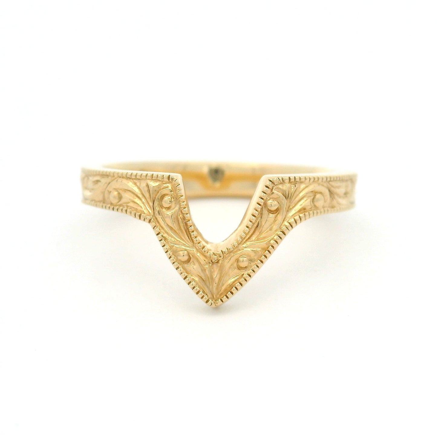 14K yellow gold 3mm V contoured wedding band with hand-engraved scroll detailing and milgrain edges.