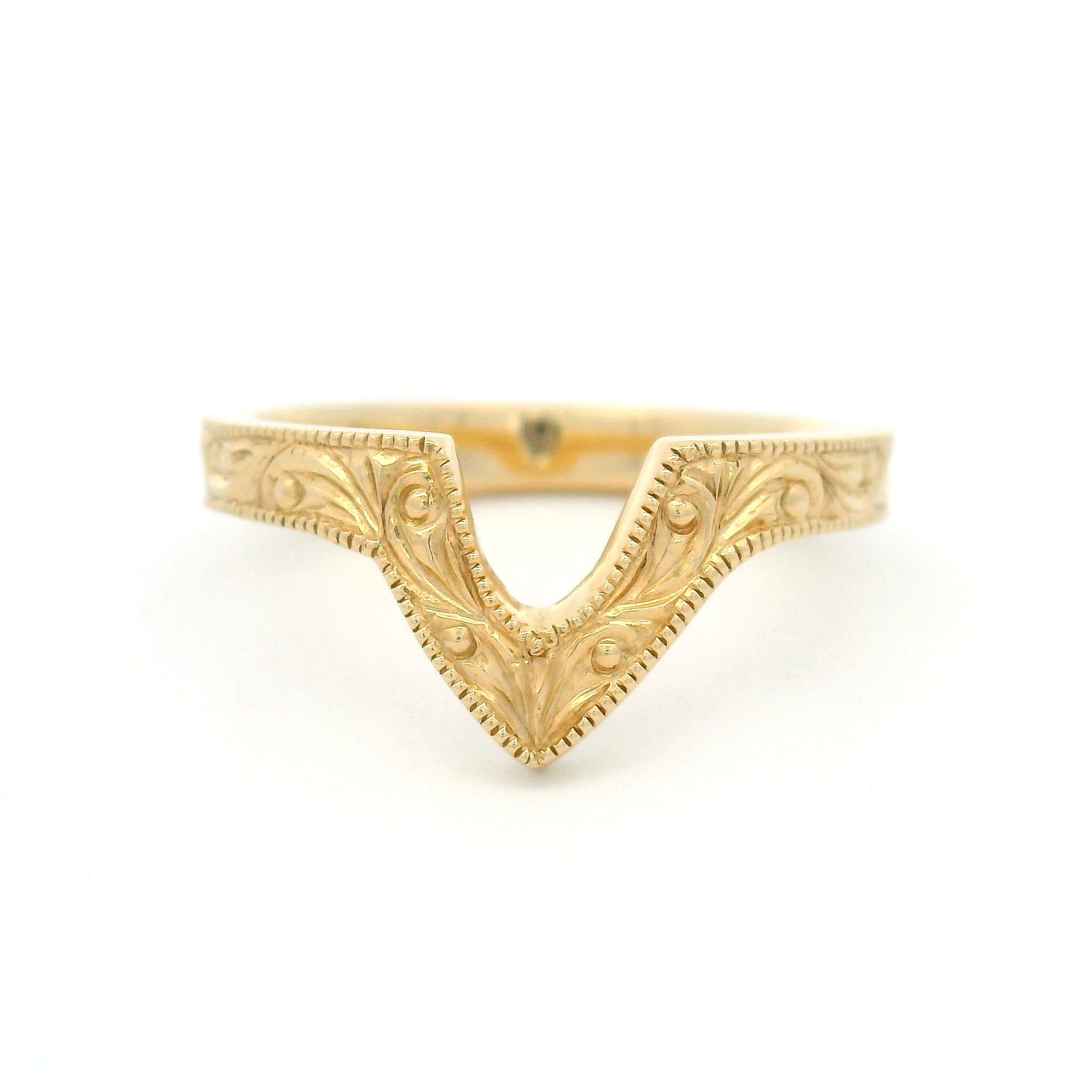 14K yellow gold 3mm V contoured wedding band with hand-engraved scroll detailing and milgrain edges.