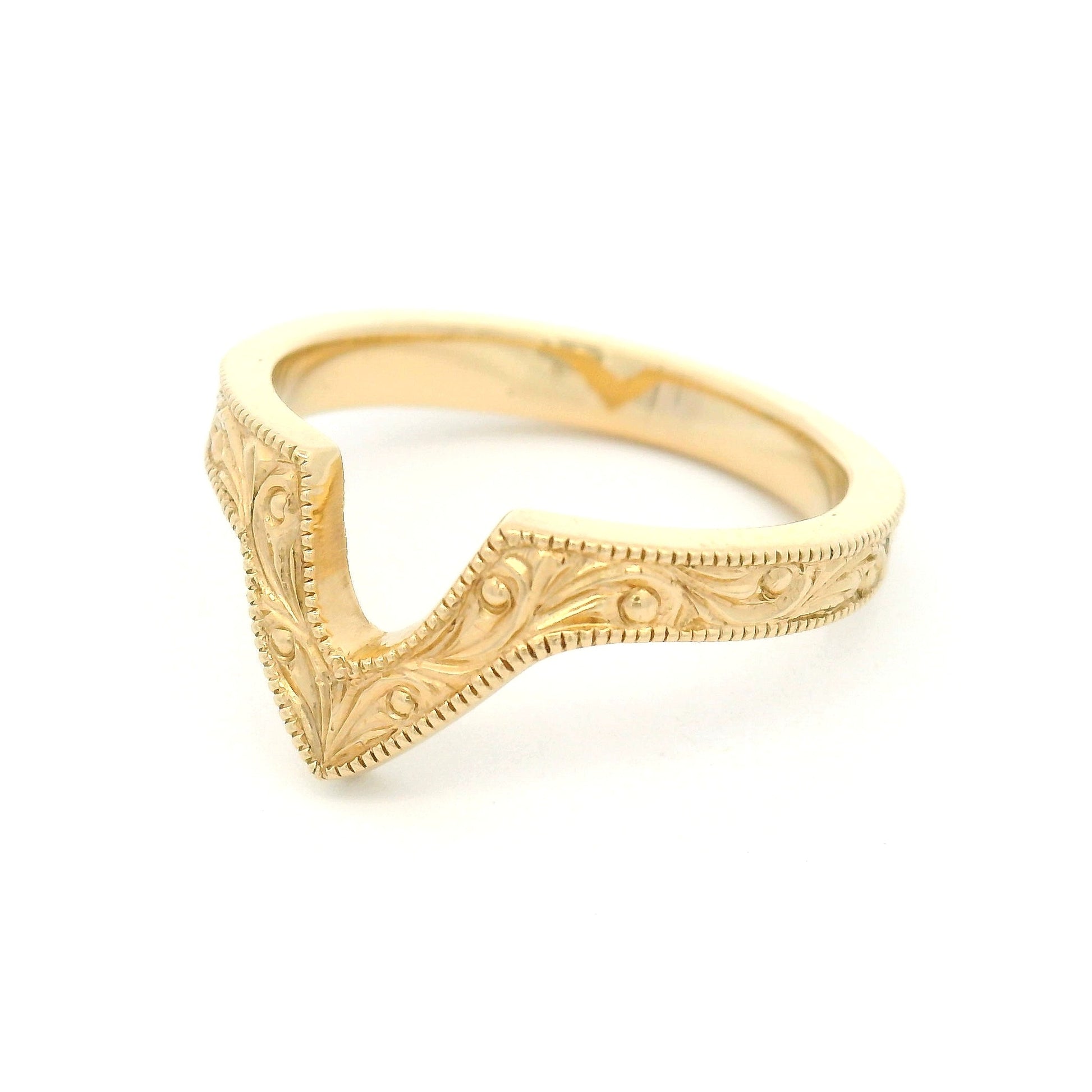 14K yellow gold 3mm V contoured wedding band with hand-engraved scroll detailing and milgrain edges.