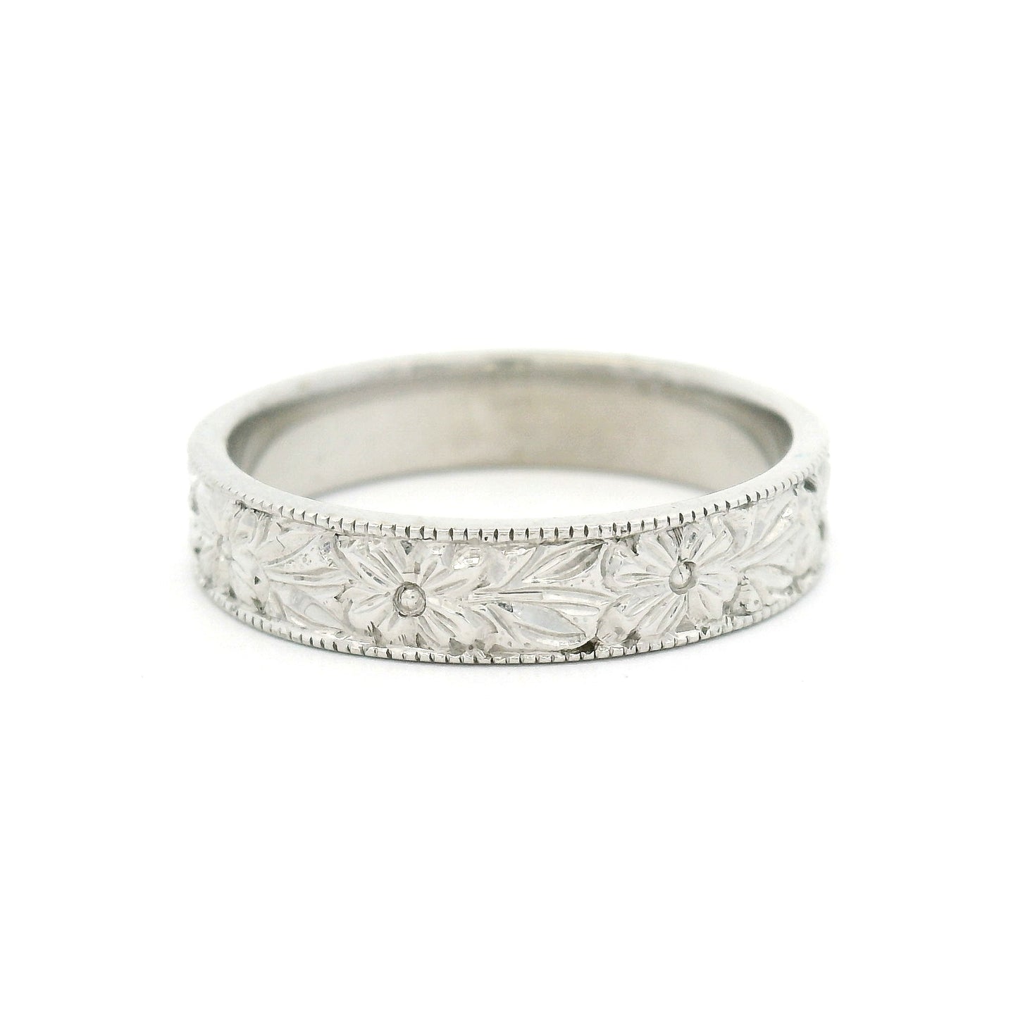 14k White 4mm Wide Hand-Engraved Flower Band