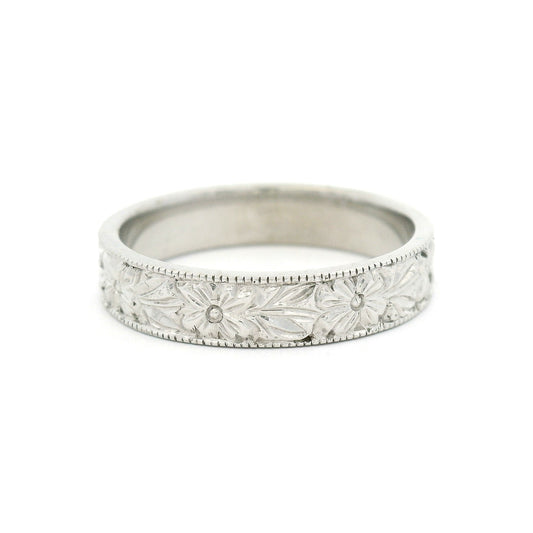 14k White 4mm Wide Hand-Engraved Flower Band