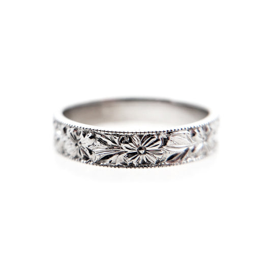 14k White 4mm Wide Hand-Engraved Flower Band
