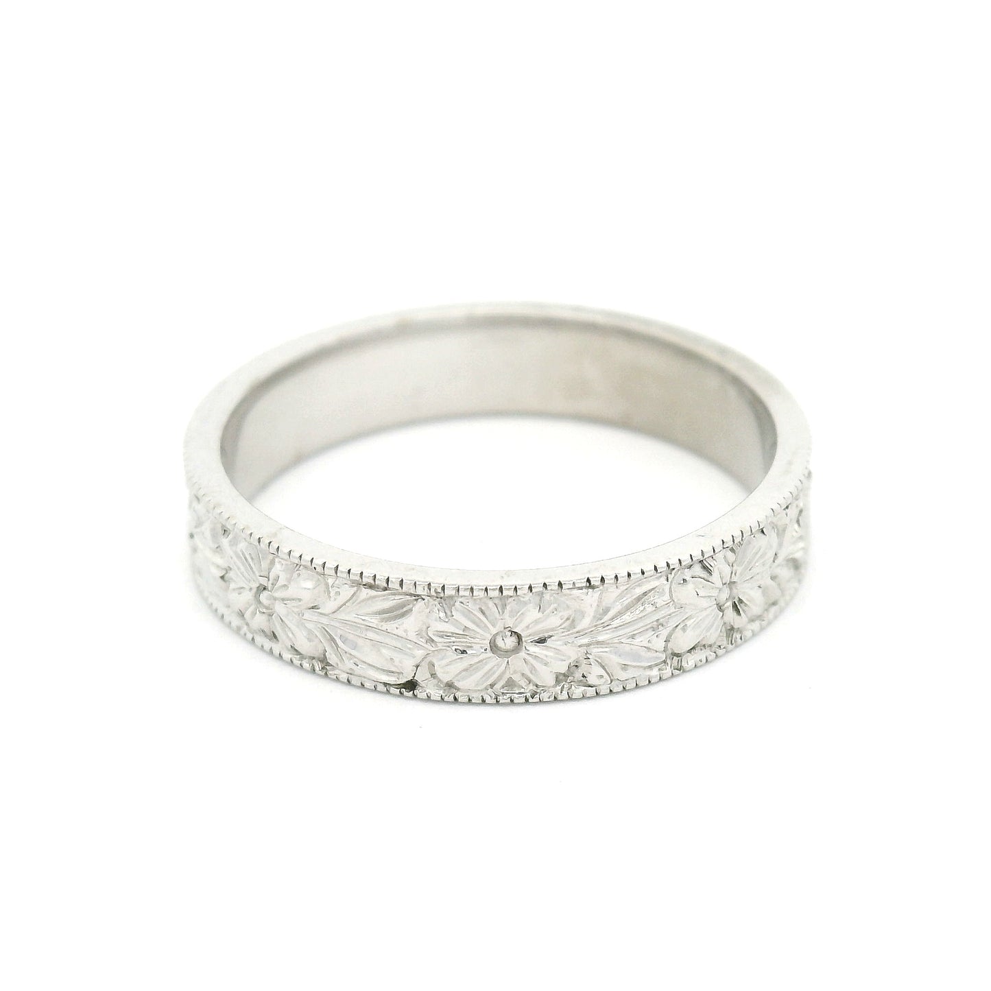 14k White 4mm Wide Hand-Engraved Flower Band