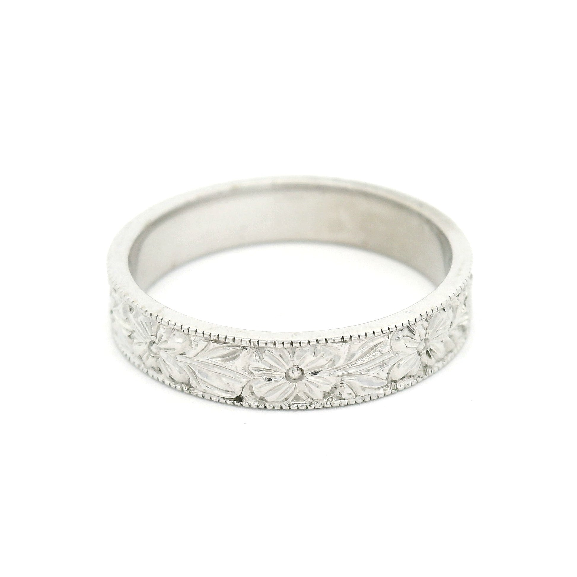 14k White 4mm Wide Hand-Engraved Flower Band
