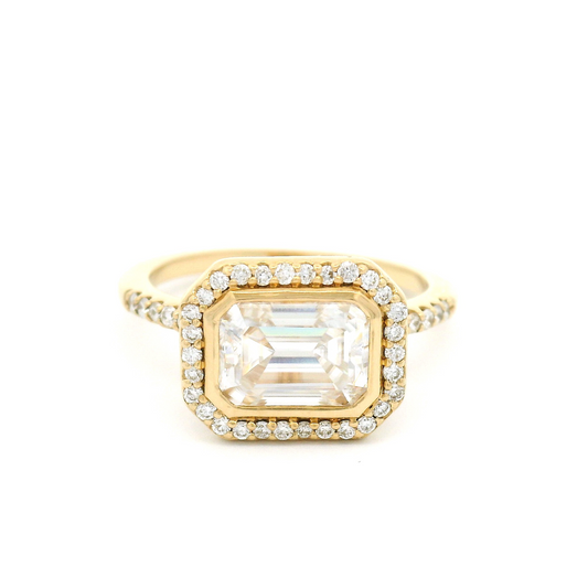 14k Yellow Moissanite Emerald Cut East-West Halo Engagement Ring
