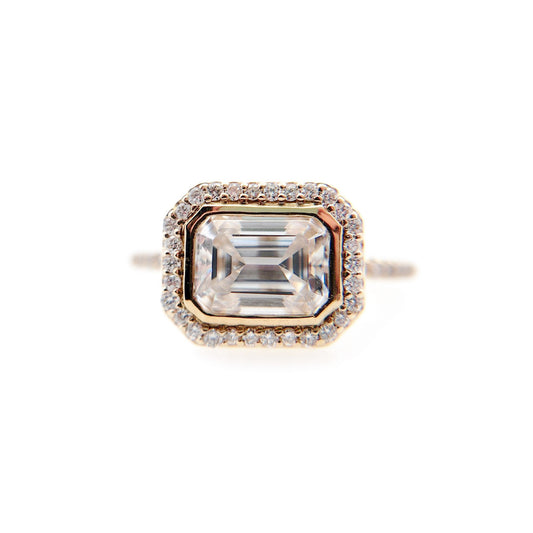 14k Yellow Moissanite Emerald Cut East-West Halo Engagement Ring