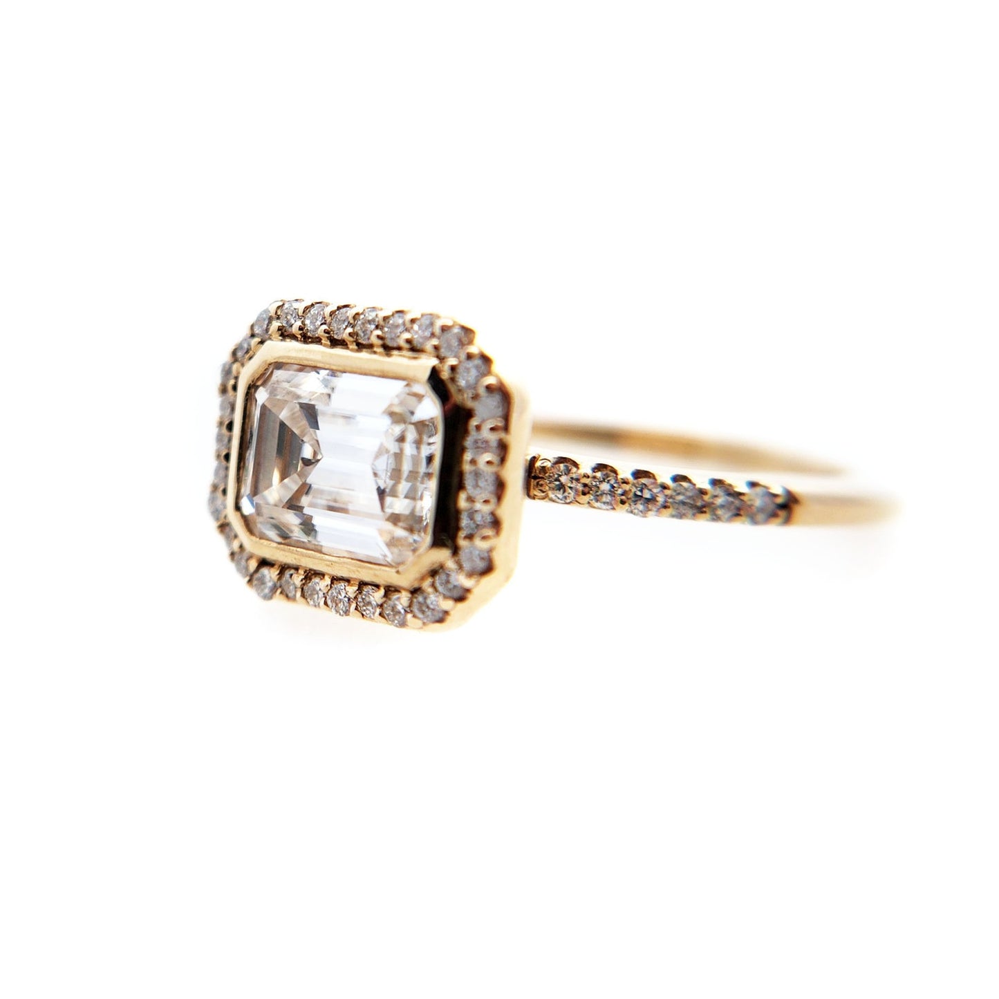14k Yellow Moissanite Emerald Cut East-West Halo Engagement Ring