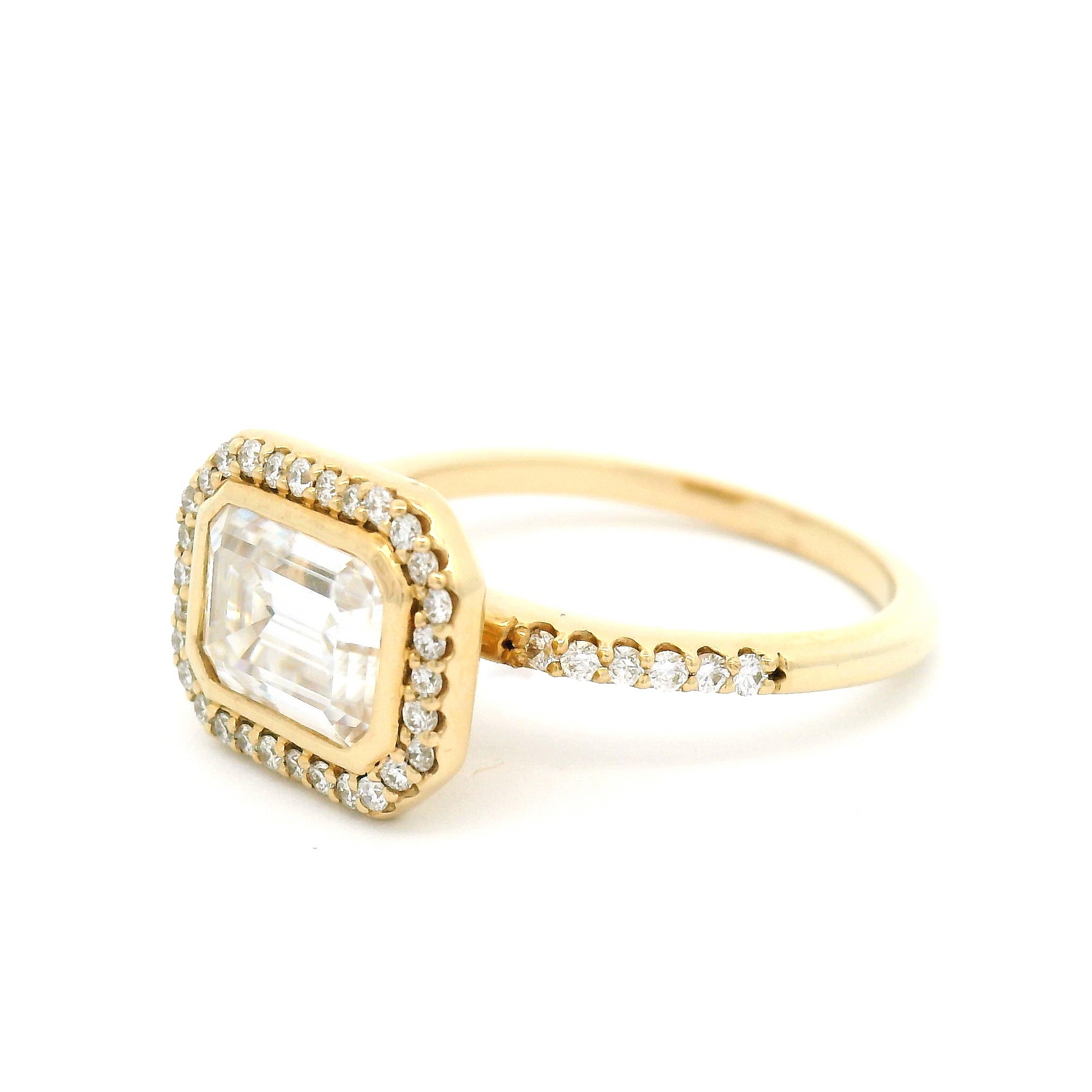 14k Yellow Moissanite Emerald Cut East-West Halo Engagement Ring