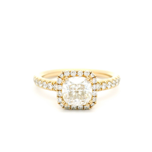 14k Yellow Cushion Cut Moissanite Ring with Accent Diamond Halo and Band