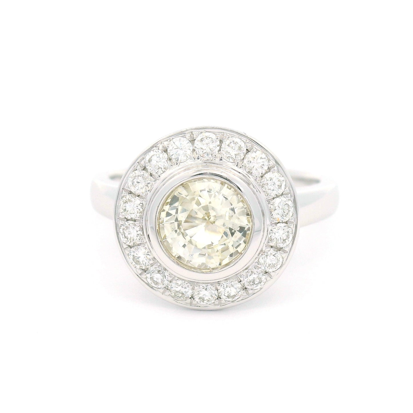 14k White Engagement Ring with 1.08ct Light Yellow Sapphire & Diamond Halo