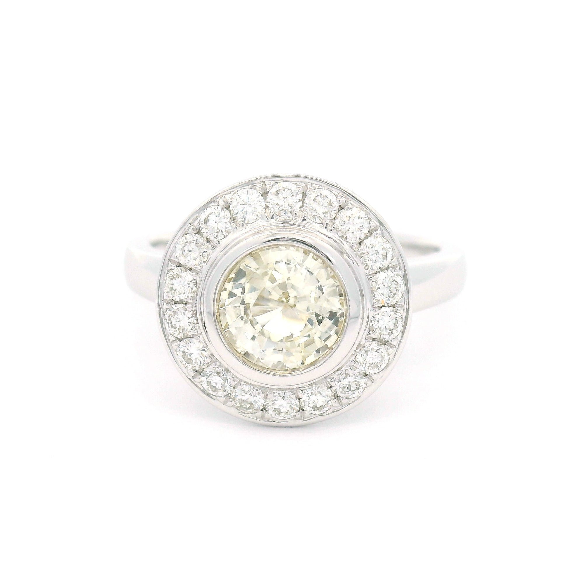 14k White Engagement Ring with 1.08ct Light Yellow Sapphire & Diamond Halo