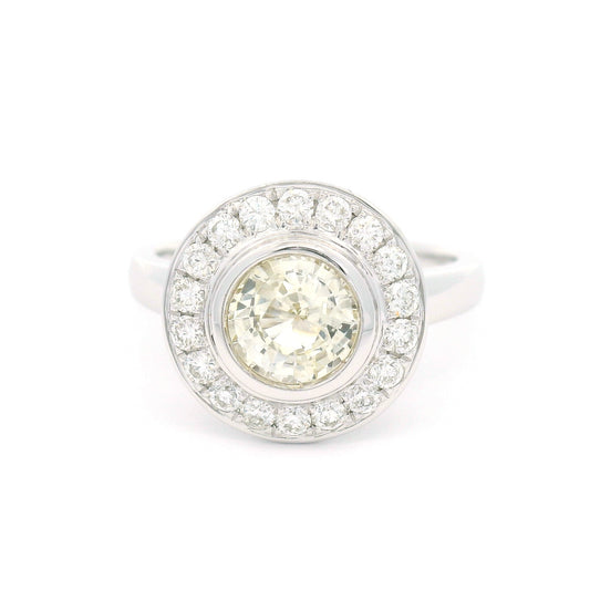 14k White Engagement Ring with 1.08ct Light Yellow Sapphire & Diamond Halo
