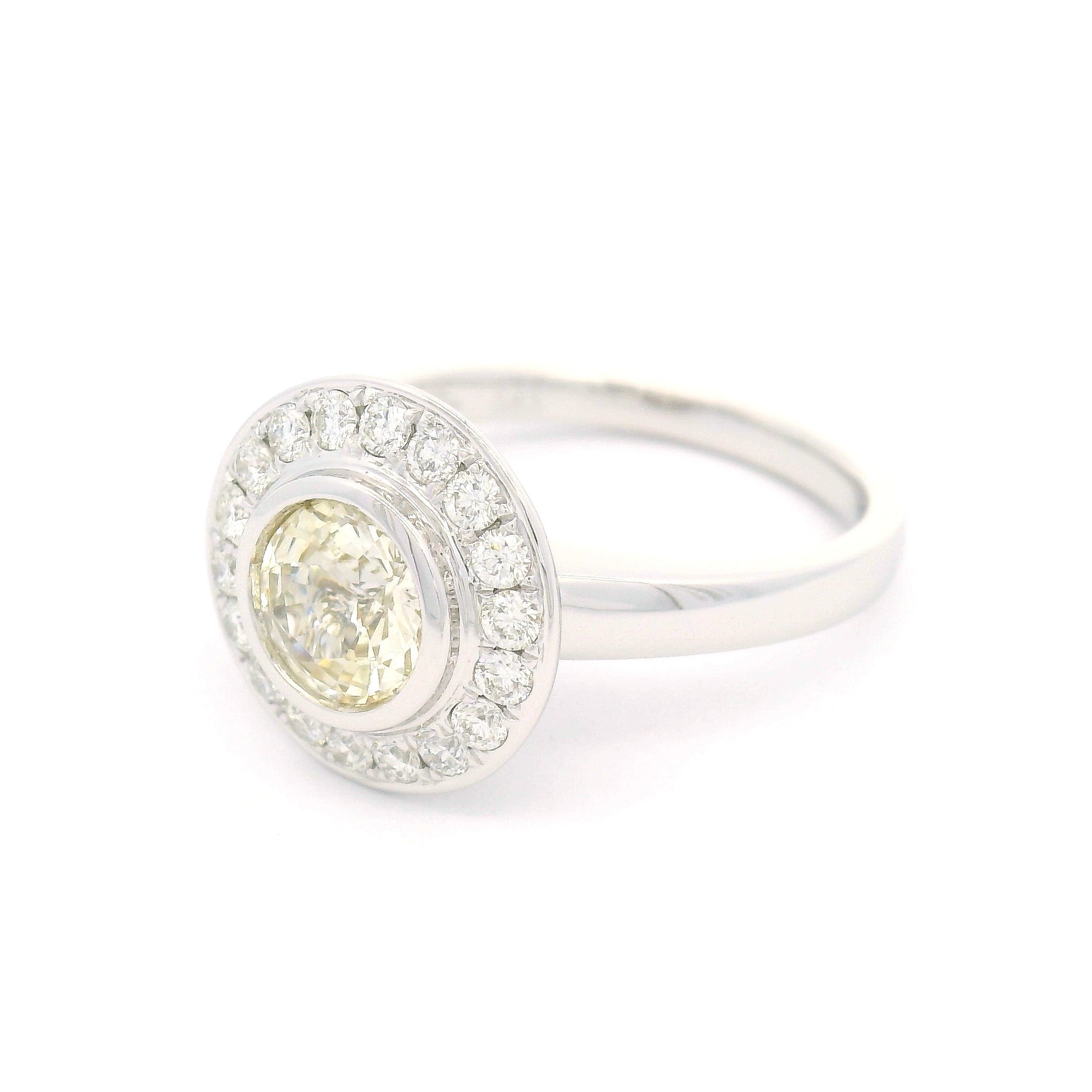 14k White Engagement Ring with 1.08ct Light Yellow Sapphire & Diamond Halo