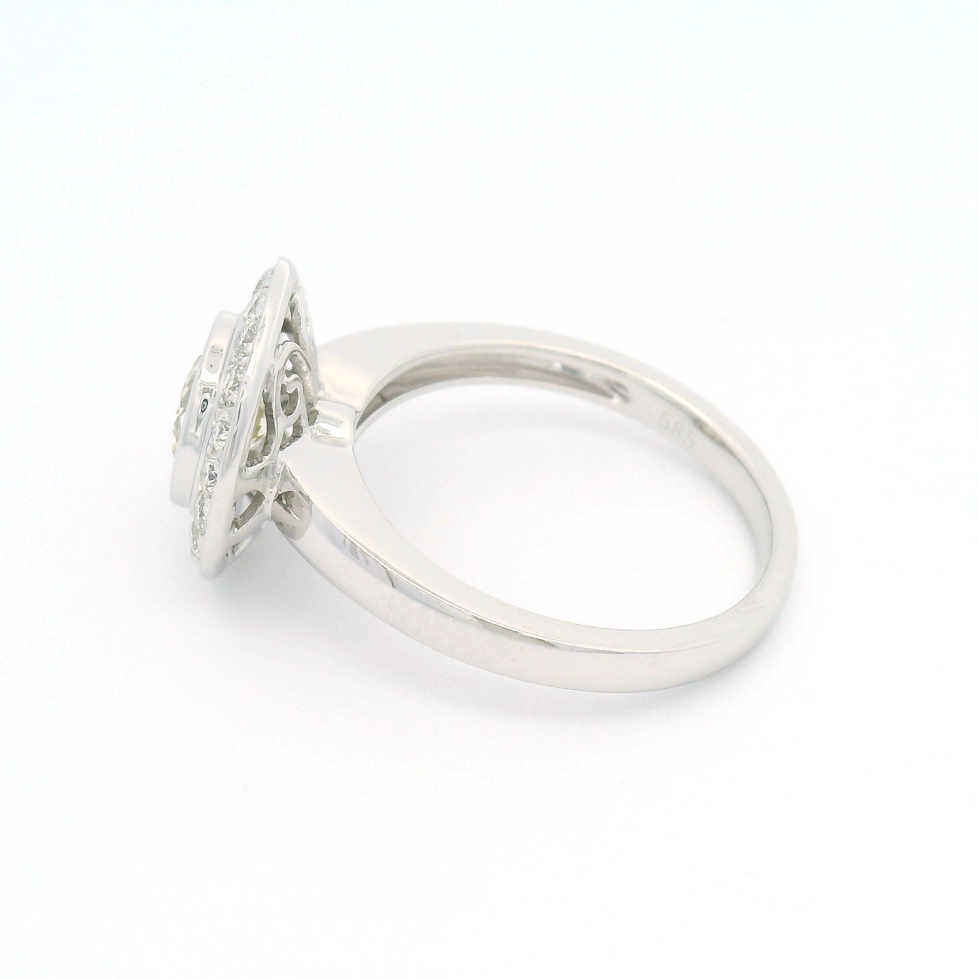 14k White Engagement Ring with 1.08ct Light Yellow Sapphire & Diamond Halo